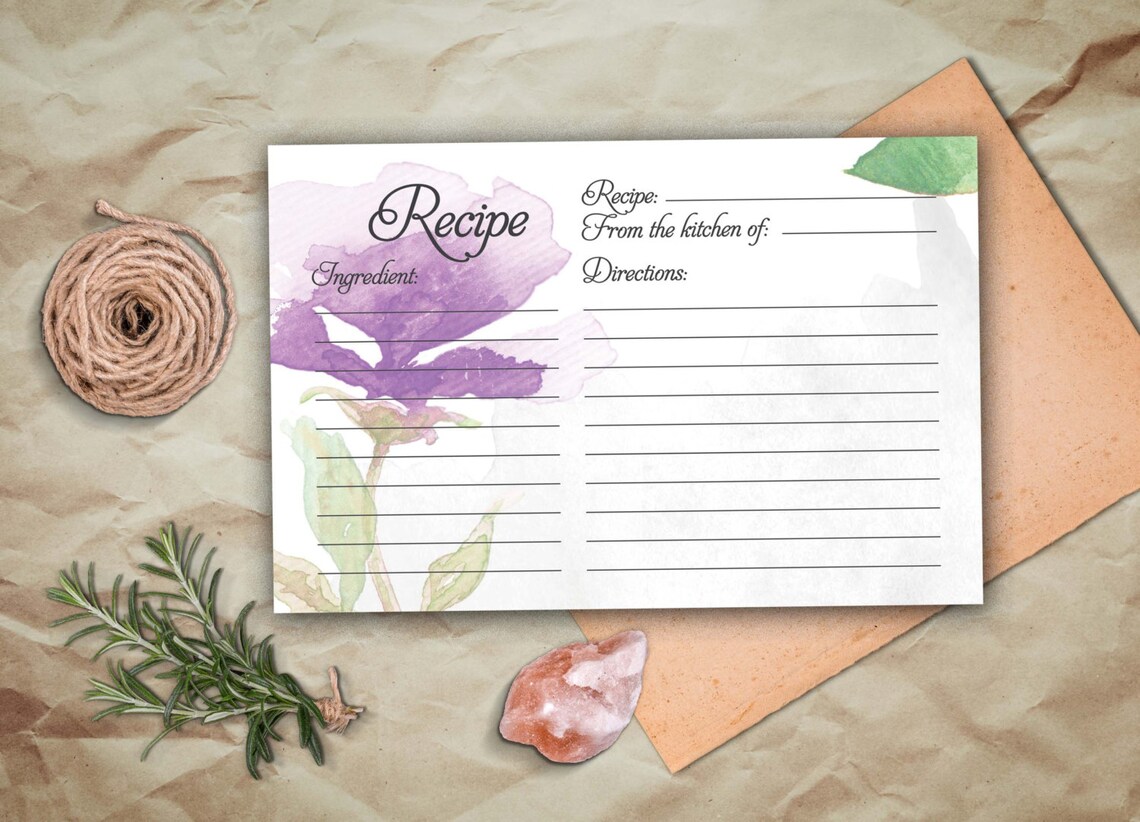 Bridal Recipe Card Printable. Instant Download Recipe Card. Watercolor Floral Recipe Card. - Etsy