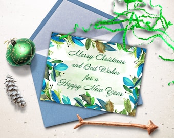 Christmas card Printable, Watercolor Christmas card, Digital christmas card, Christmas green blue, Christmas greeting.