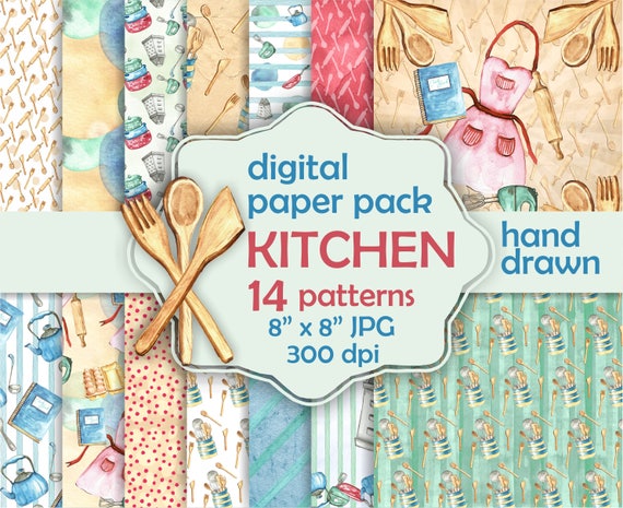 Kitchen Digital Paper Pack. Cooking Objects Paper. Kitchen Items  Background. Kitchen Scrapbooking Paper. Watercolor Kitchen Paper. 