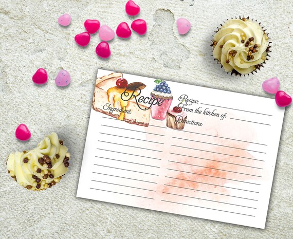 Recipe Card Printable Instant Download Recipe Card Watercolor | Etsy