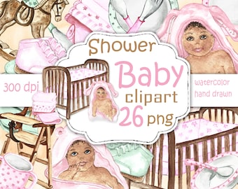 Shower baby clip art. Pink baby girl clipart watercolor. African baby girl clip art pink. Nursery clipart watercolor. Pink baby images.