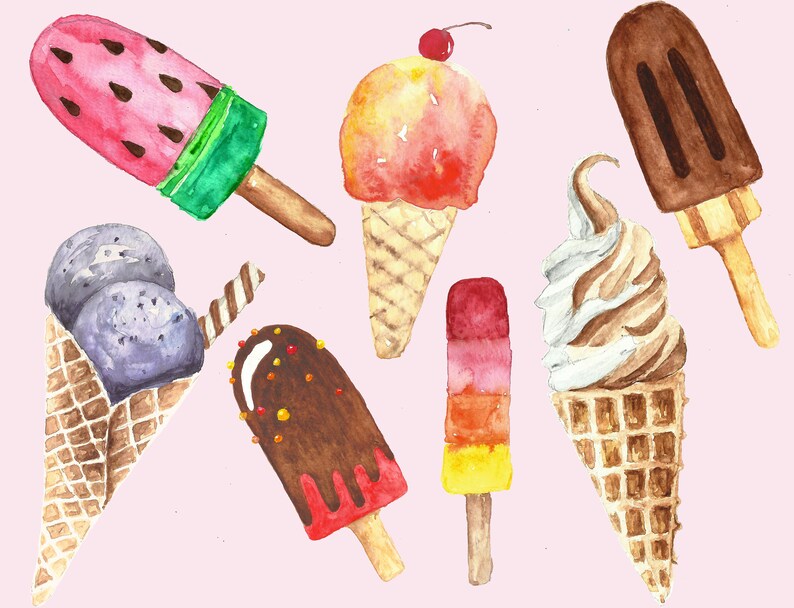 Ice cream clip art watercolor. Watercolor ice cream clipart. Summer clip art watercolor. Popsicle chocolade cone. Food images. image 3