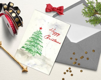 Watercolor Christmas card, Printable Christmas card, Digital christmas card, Christmas wreath card, Christmas decor.