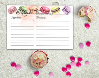Recipe Card Printable Instant Download Recipe Card Watercolor French macarons Cake and Deserts Recipe Card Hand Painted Food DIY Recipe Card