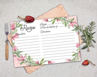 Recipe Card Printable. Bridal Recipe Card. Printable Recipe Card Watercolor.