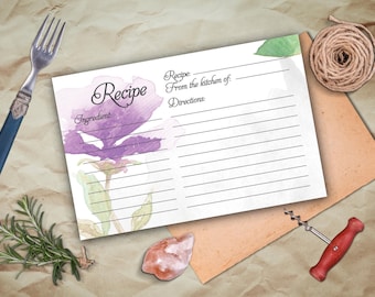 Bridal Recipe Card Printable. Instant Download Recipe Card. Watercolor Floral Recipe Card.