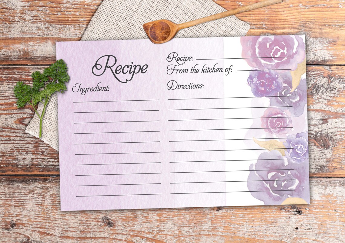 Recipe Card Bridal Printable. Instant Download Recipe Card. Watercolor Floral Recipe Card. - Etsy