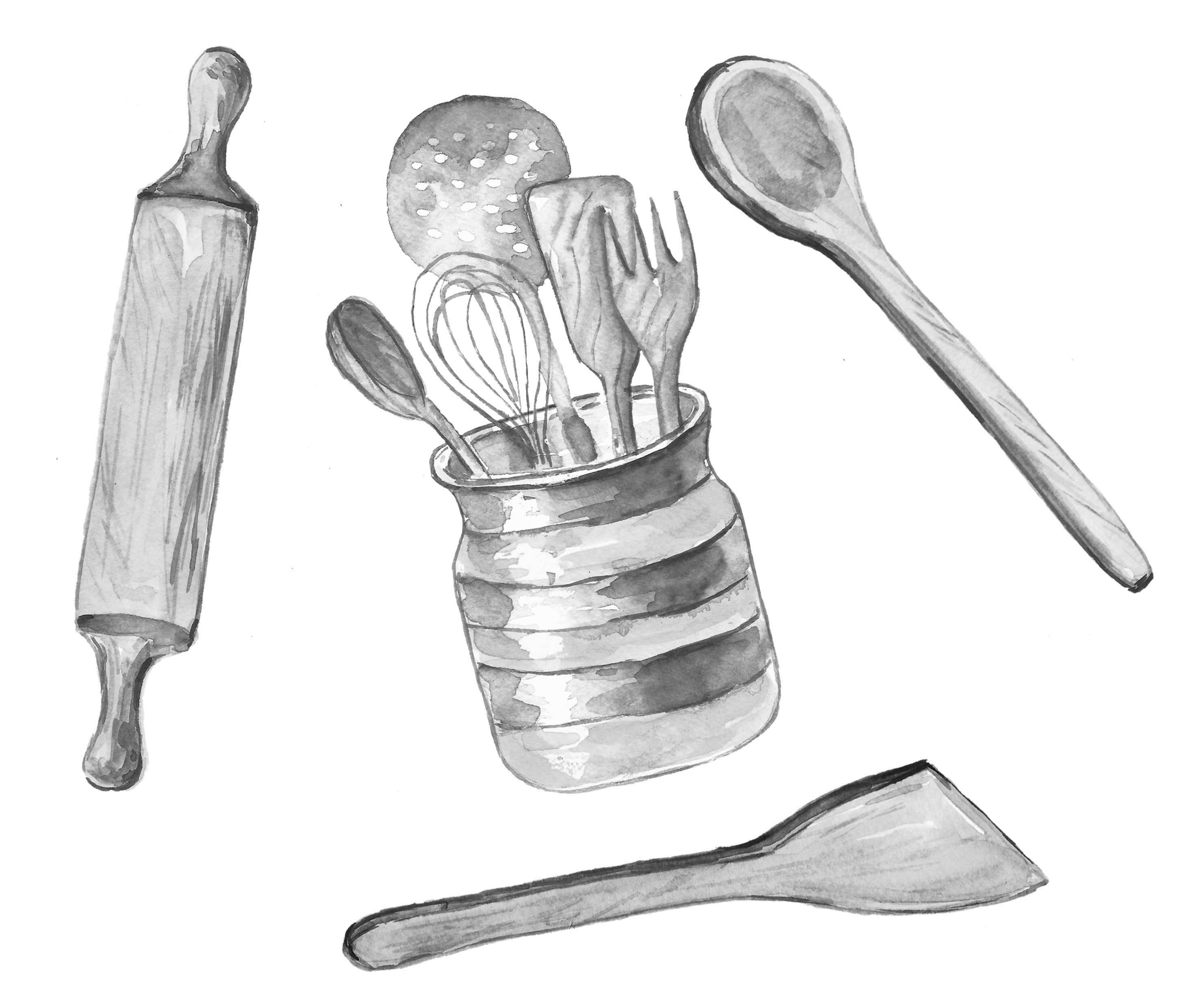 Kitchen Clipart Black and White Watercolor. Kitchen Accessories Clip ...
