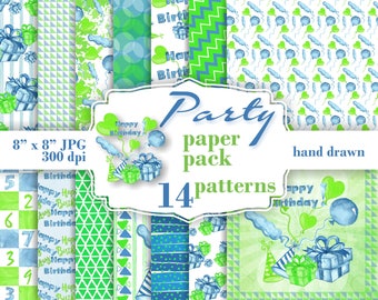 Party paper pack. Birthday paper blue green. Birthday background watercolor. Party digital paper numbers.