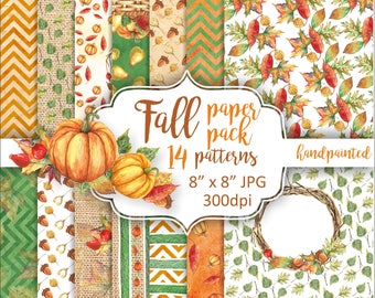 Fall paper pack. Autumn digital paper hand painted. Fall leaves pumpkin watercolor background. Seasonal pattern orange green.