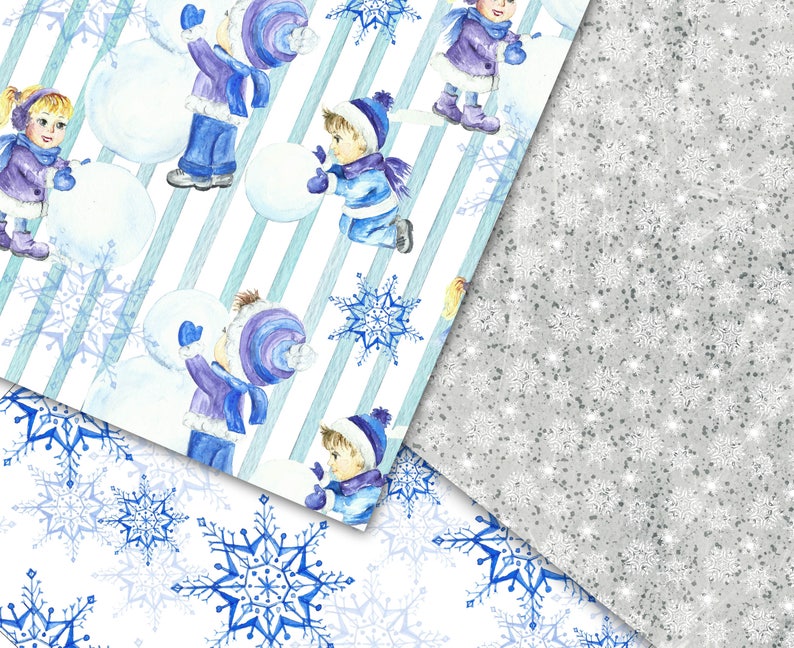 Winter Fun Paper Pack. Seasonal Background Blue Purple. Watercolor ...