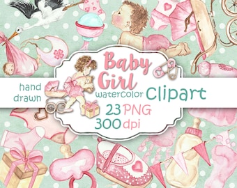 Baby Girl Clip Art Baby Clipart Pregnancy Nursery Watercolor Baby Shower Handpainted  baby clipart Handpainted Illustration Pink DIY Pack