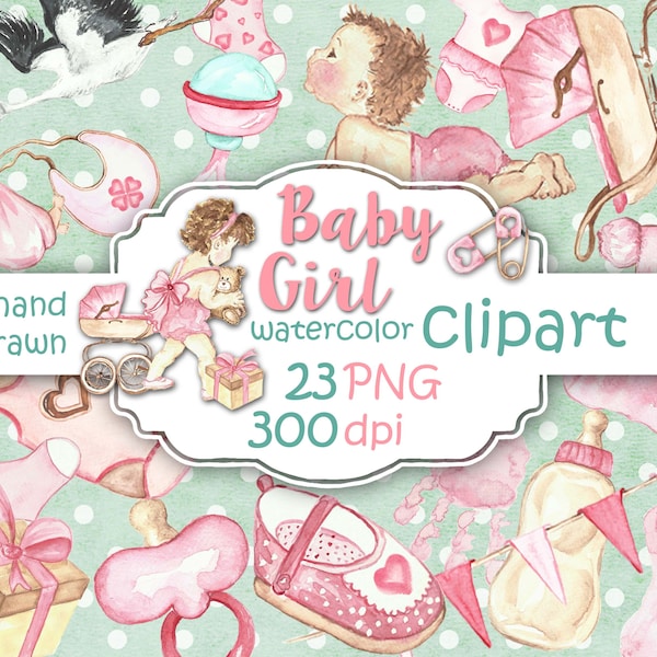 Baby Girl Clip Art Baby Clipart Pregnancy Nursery Watercolor Baby Shower Handpainted  baby clipart Handpainted Illustration Pink DIY Pack