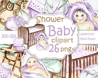 Shower baby clip art. Watercolor baby clipar purple. Baby clip art lavender. Nursery clipart watercolor.