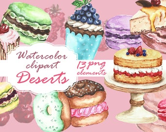 Deserts clipart watercolor. Sweets clip art. French macarons clipart. Watercolor party clipart.