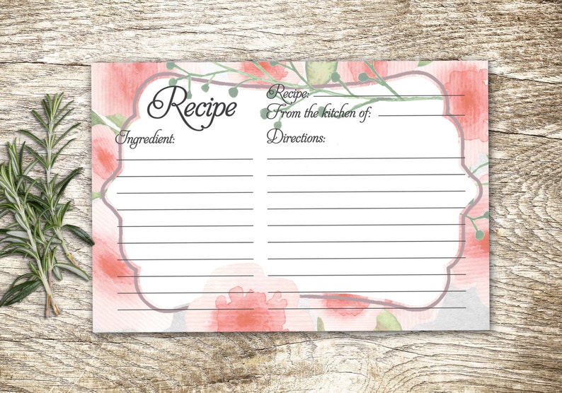 Recipe Card. Instant Download Recipe Card Floral Recipe Card Etsy