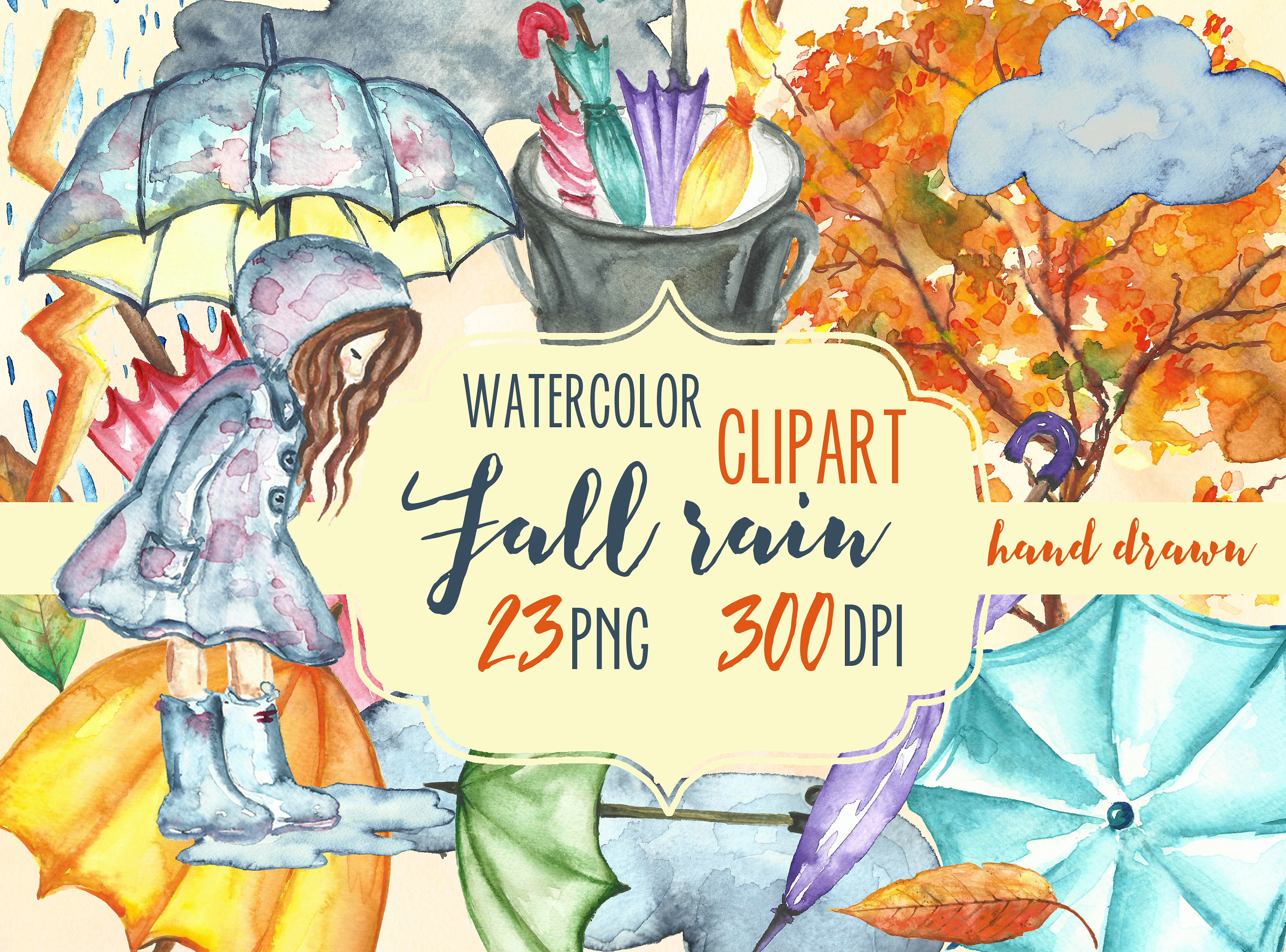 Fall rain clipart watercolor. Watercolor umbrellas clip ...
