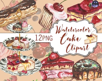 Watercolor cake clipart. Food clip art. Dessert clipart handpainted. Bakery clipart watercolor.