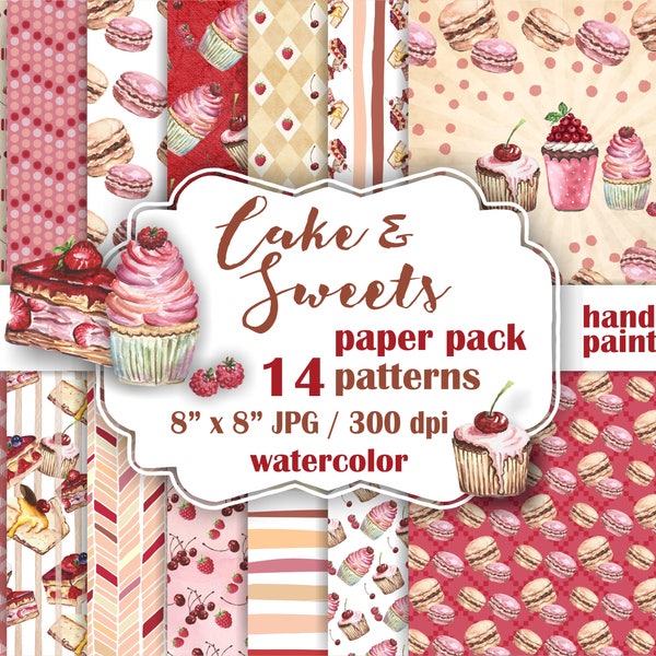 Cake paper pack watercolor. Digital paper cupcake. Sweets background pink beige. Scrapbook cake paper.