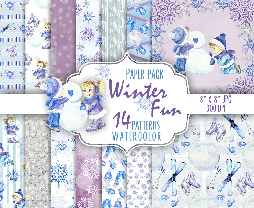 Winter Fun Paper Pack. Seasonal Background Blue Purple. Watercolor ...