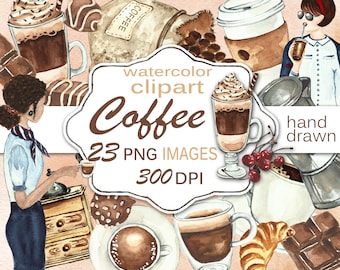 Coffee clipart watercolor. Coffee clip art. Cappuccino, latte lovers. Coffee shop. Coffee watercolor images. Coffee digital instant download