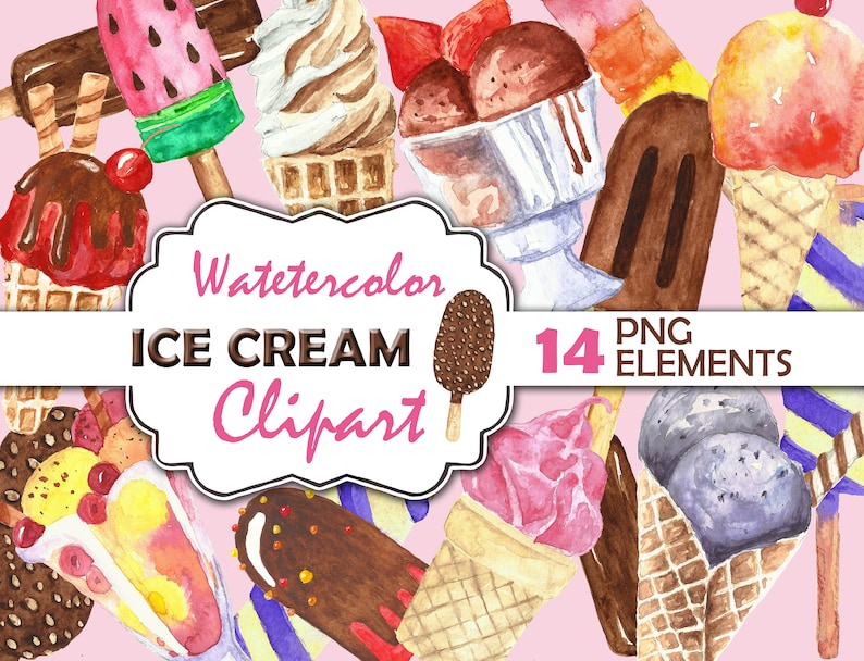 Ice cream clip art watercolor. Watercolor ice cream clipart. Summer clip art watercolor. Popsicle chocolade cone. Food images. image 1