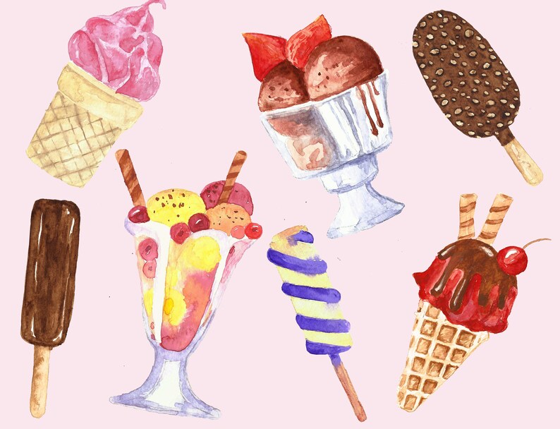 Ice cream clip art watercolor. Watercolor ice cream clipart. Summer clip art watercolor. Popsicle chocolade cone. Food images. image 2