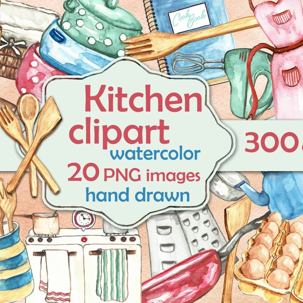 Kitchen clipart watercolor. Kitchen accessories clip art. Cook clipart hand drawn. Cook objects clipart printable. Kitchen items watercolor.