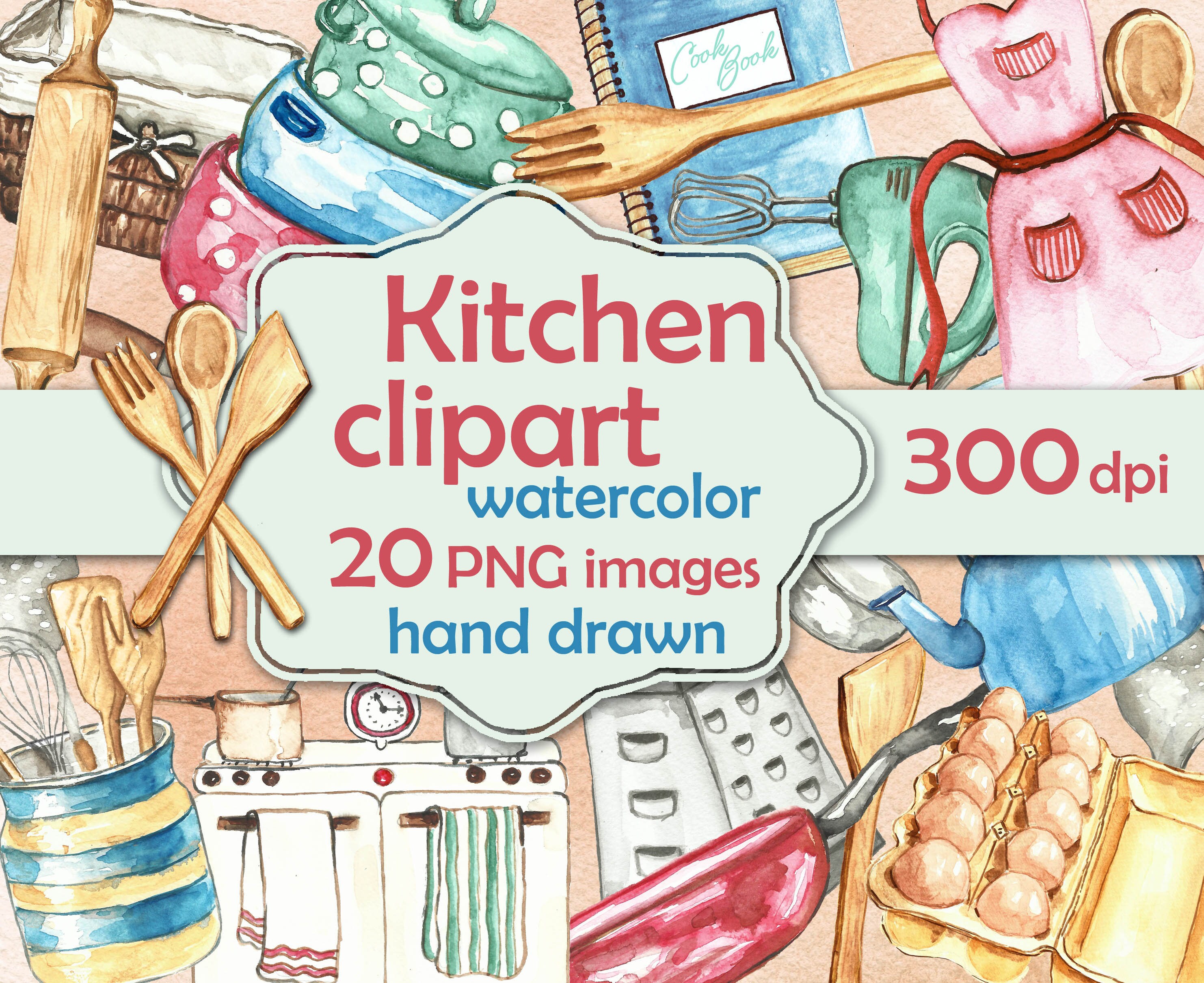 Kitchen Clipart Watercolor. Kitchen Accessories Clip Art. Cook Clipart