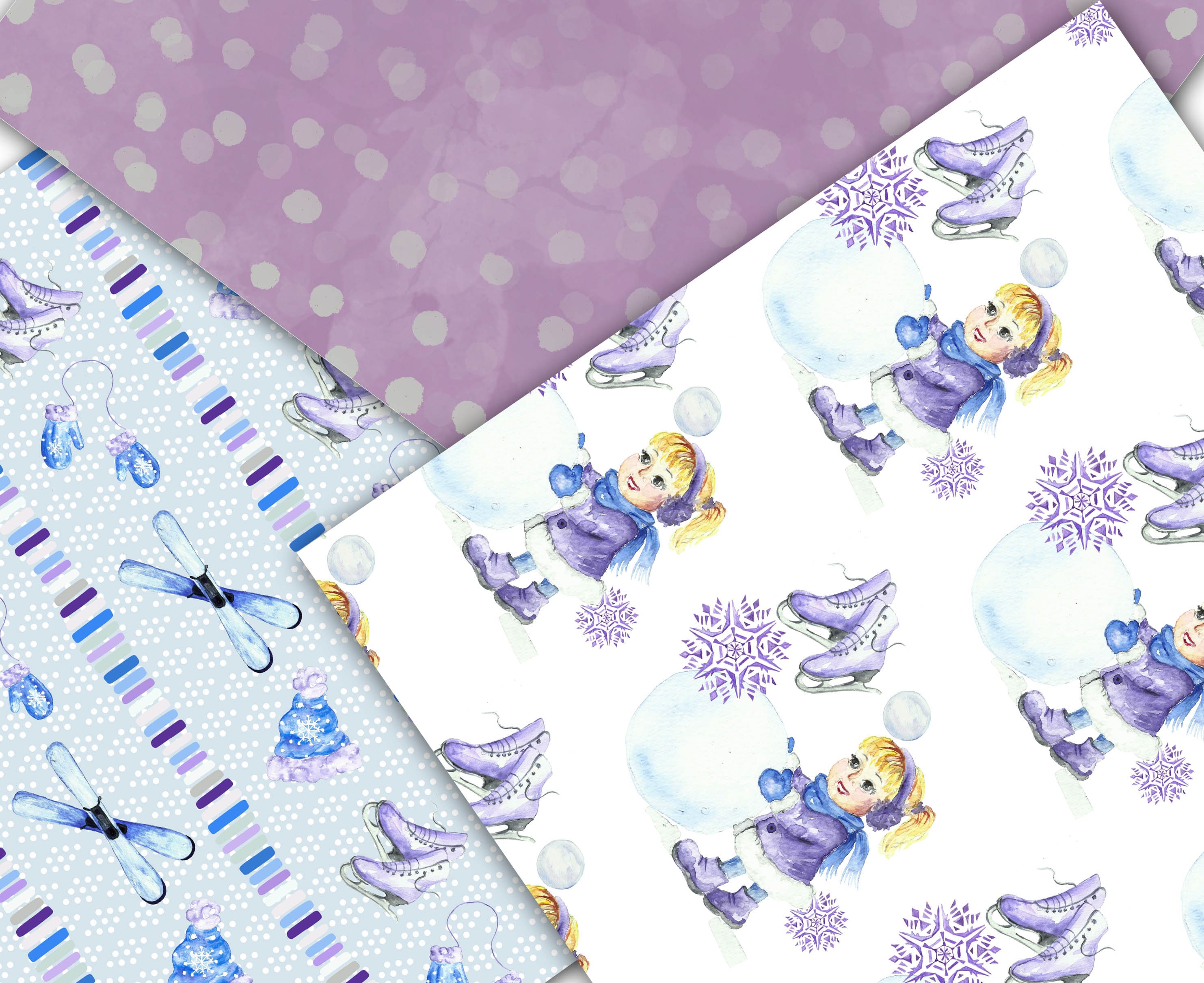 Winter Fun Paper Pack. Seasonal Background Blue Purple. Watercolor ...