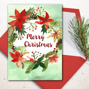 Digital Christmas Card, Watercolor Christmas printable card. Christmas wreath cards. Christmas decoration. image 2
