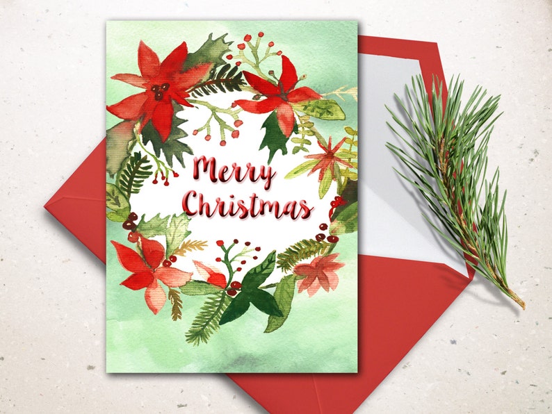 Digital Christmas Card, Watercolor Christmas printable card. Christmas wreath cards. Christmas decoration. image 2