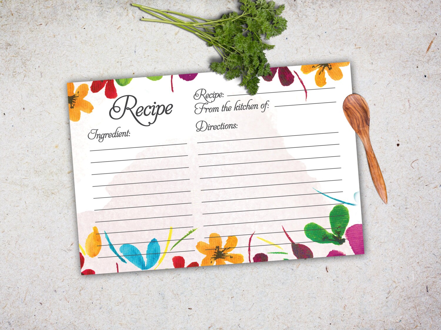 Recipe Card Bridal Printable. Instant Download Recipe Card. Watercolor ...