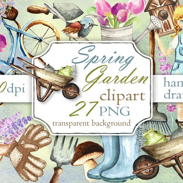 Spring Garden Watercolor Clipart. Garden Tools Clip Art. Spring Flowers Digital Clipart. Hand Painted Printable spring images.