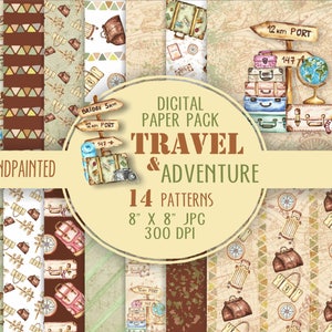 Travel watercolor paper pack. Adventure digital paper hand painted. Suitcase background. Adventure paper pack. Paper pattern brown green.