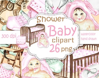 Shower baby clip art. Pink baby girl clipart watercolor. Baby girl clip art pink. Nursery clipart watercolor. Pink baby images.