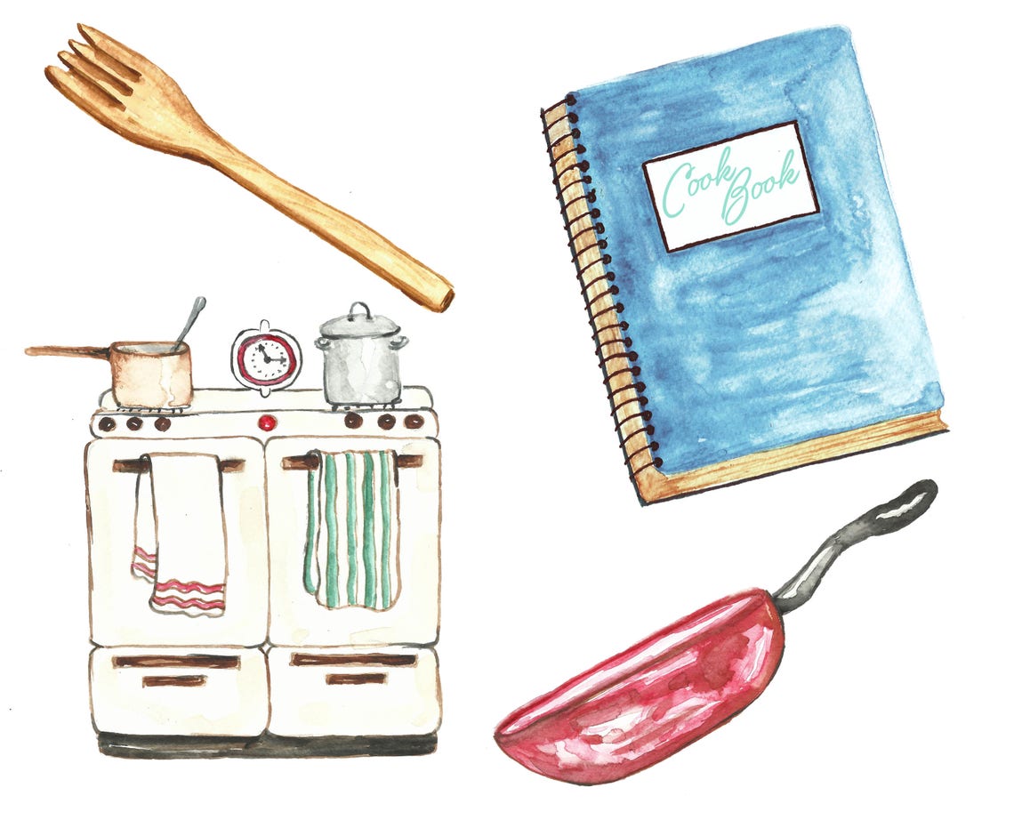 Kitchen Clipart Watercolor. Kitchen Accessories Clip Art. Cook Clipart