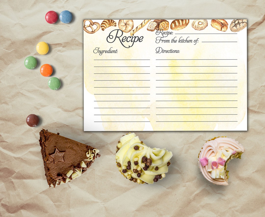 Recipe Card Printable Instant Download Recipe Card Watercolor Bread and