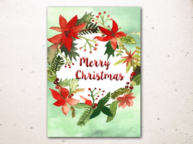 Digital Christmas Card, Watercolor Christmas printable card. Christmas wreath cards. Christmas decoration. image 3