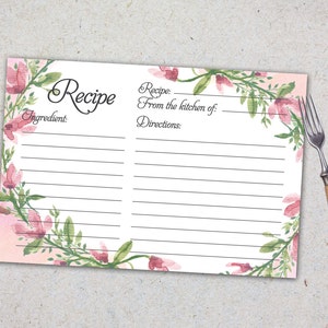 Recipe Card Printable. Bridal Recipe Card. Printable Recipe Card Watercolor. - Etsy