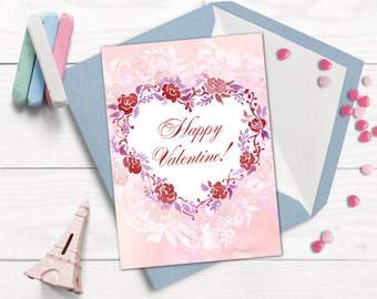 Valentine card, Romantic card printable, Watercolor love card,  Valentine day greeting card.