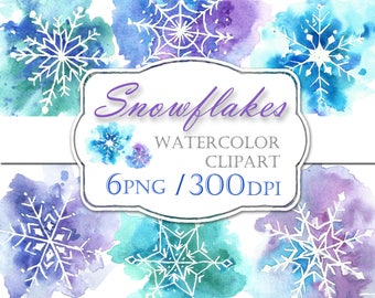 Snowflakes watercolor clip art. Winter clipart purple blue. Seasonal watercolor clip art snowflake.