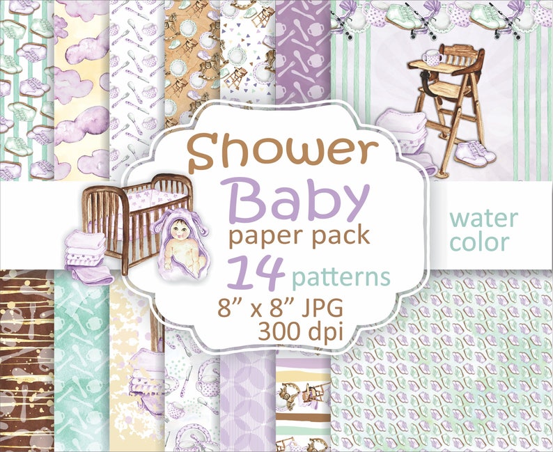 Baby Shower Paper Pack. Nursery Background. Baby Paper Purple Green
