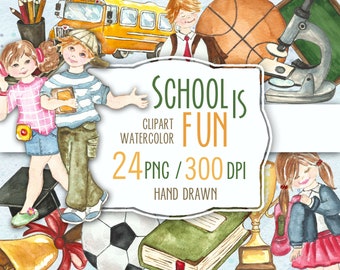 Watercolor School Supplies Clip Art. Back to School Instant Download Images. School Bus, Backpack, Stack of Books, Chalkboard Hand Painted.