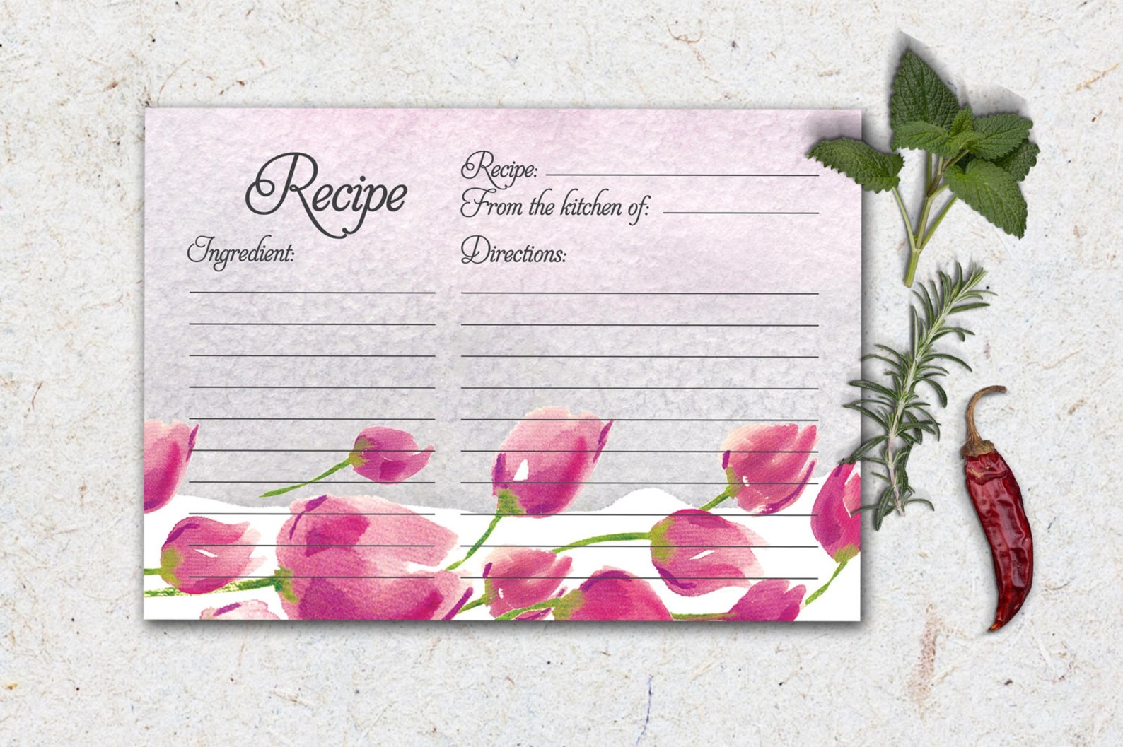 Recipe Card Printable. Instant Download Recipe Card. Watercolor Floral