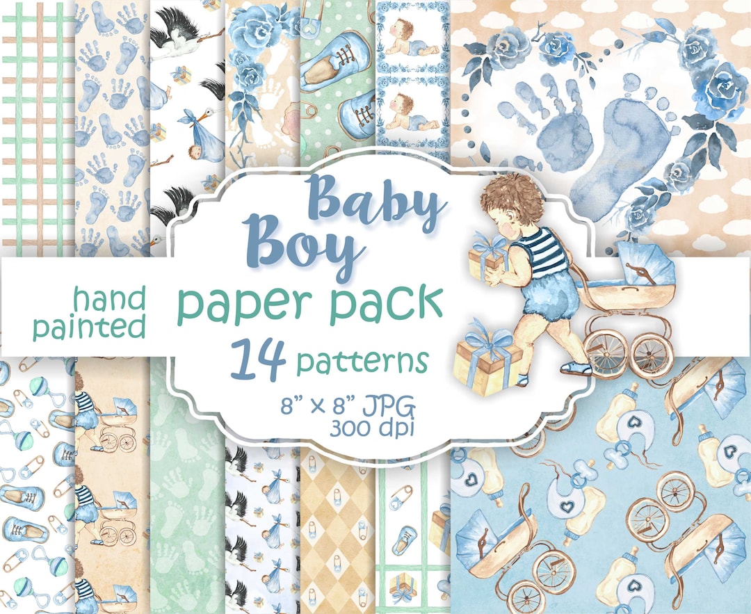 Paper Baby Kit Baby Boy Paper Pack. Watercolor Baby Digital Paper. Baby Patterns Blue ...