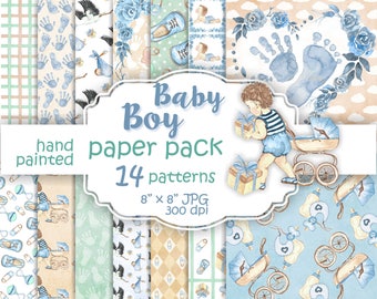 Baby boy paper pack. Watercolor baby digital paper. Baby patterns blue green. Paper pack watercolor baby boy. Cute baby watercolor.