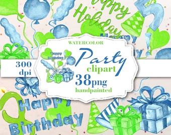 Party clip art, Birthday Clip Art, Watercolor numbers,  Bday clipart, Party clipart green blue, Birthday Celebration numbers.