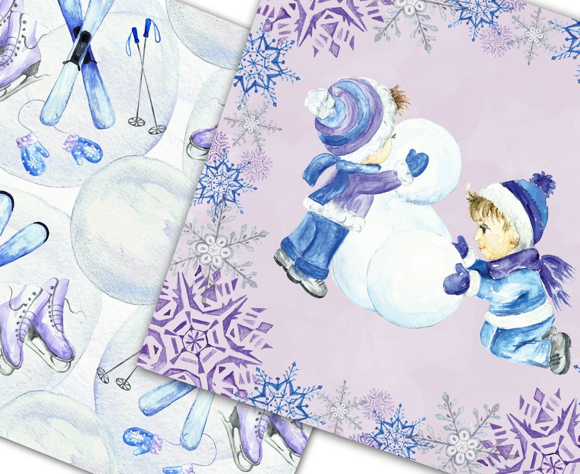Winter Fun Paper Pack. Seasonal Background Blue Purple. Watercolor ...