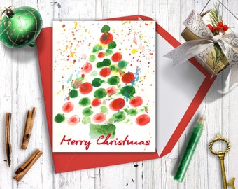 Tarjeta imprimible de Navidad, Tarjeta de Navidad de acuarela, Tarjeta de Navidad digital, Tarjeta de felicitación del árbol de Navidad.